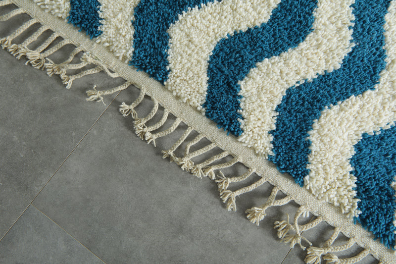 Custom Wave Pattern Rug – Handwoven Blue-Turquoise & White Moroccan Carpet