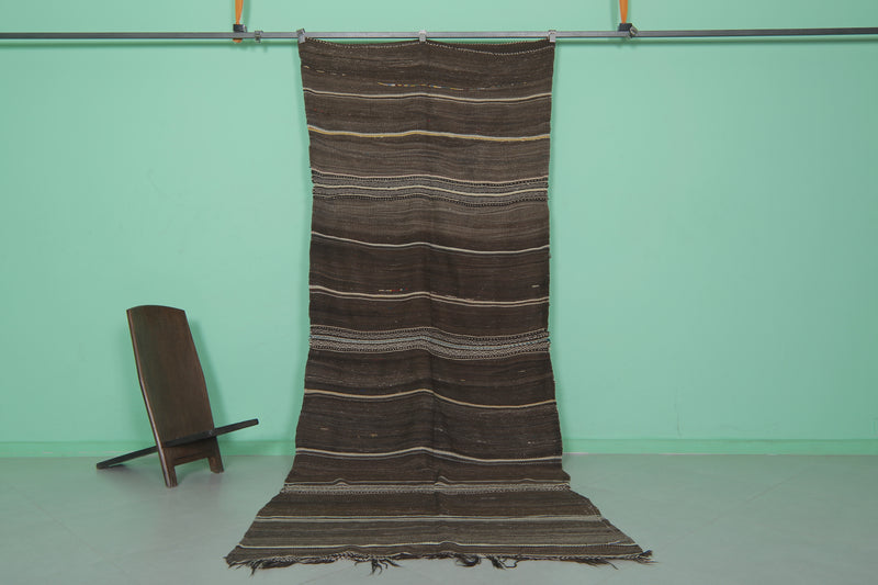 Handwoven Moroccan Kilim - Earthy Brown Striped Design - 4.2x11 ft - Handwoven Kilim