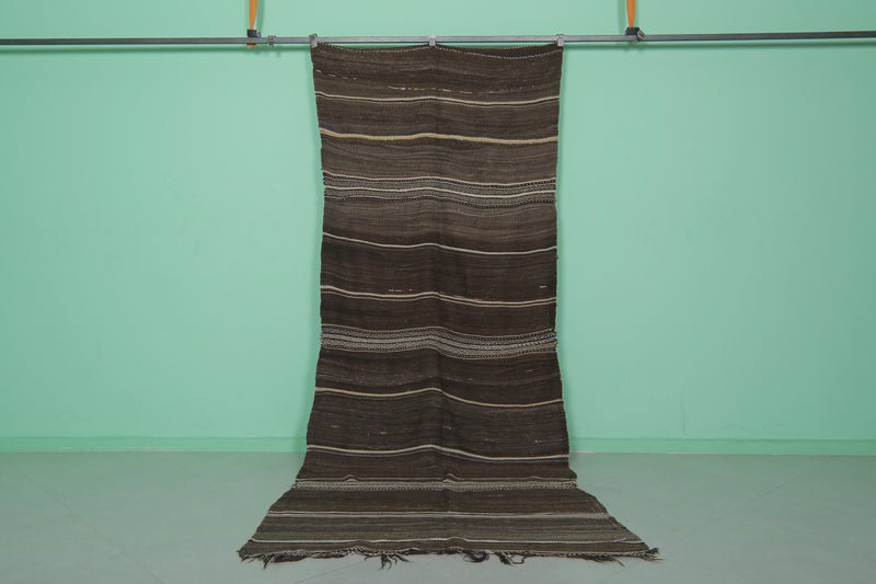 Handwoven Moroccan Kilim - Earthy Brown Striped Design - 4.2x11 ft - Handwoven Kilim