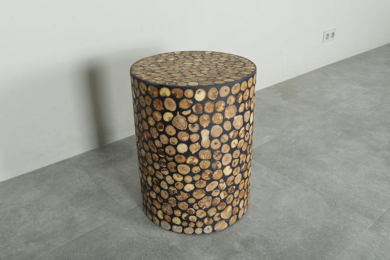 Handmade Moroccan Wood Round Table – Natural Boho Side Table