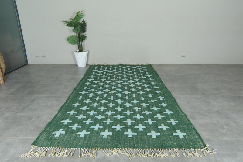 Handwoven Moroccan Flatweave Rug - Deep Green with Soft Mint Cross Pattern - Custom rug