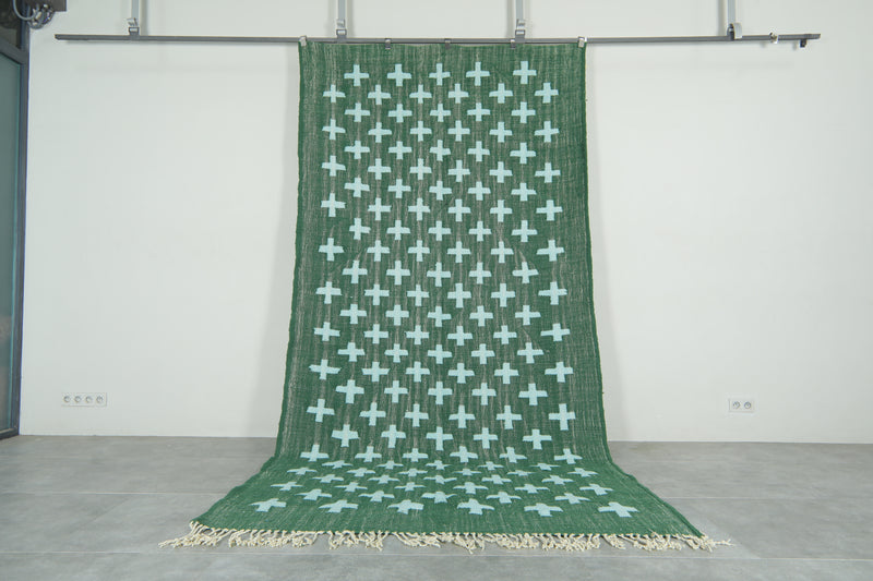 Handwoven Moroccan Flatweave Rug - Deep Green with Soft Mint Cross Pattern - Custom rug