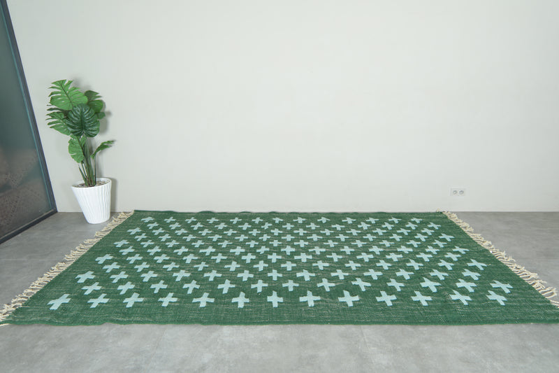 Handwoven Moroccan Flatweave Rug - Deep Green with Soft Mint Cross Pattern - Custom rug