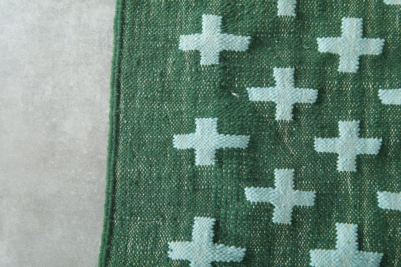 Handwoven Moroccan Flatweave Rug - Deep Green with Soft Mint Cross Pattern - Custom rug