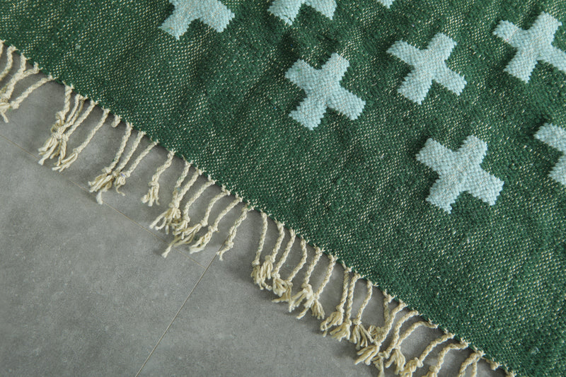Handwoven Moroccan Flatweave Rug - Deep Green with Soft Mint Cross Pattern - Custom rug