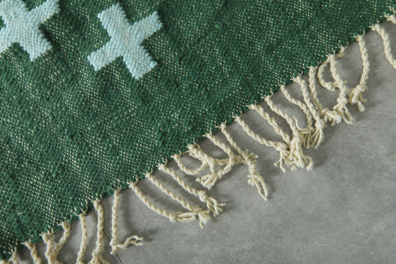 Handwoven Moroccan Flatweave Rug - Deep Green with Soft Mint Cross Pattern - Custom rug