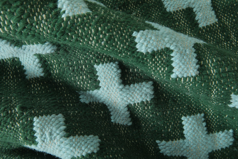 Handwoven Moroccan Flatweave Rug - Deep Green with Soft Mint Cross Pattern - Custom rug