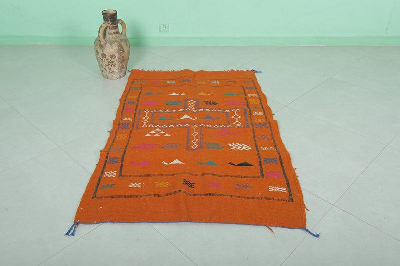 Orange Moroccan Kilim Rug - 3 FT × 4.8 FT | Handwoven Artisan Rug - Handwoven Kilim