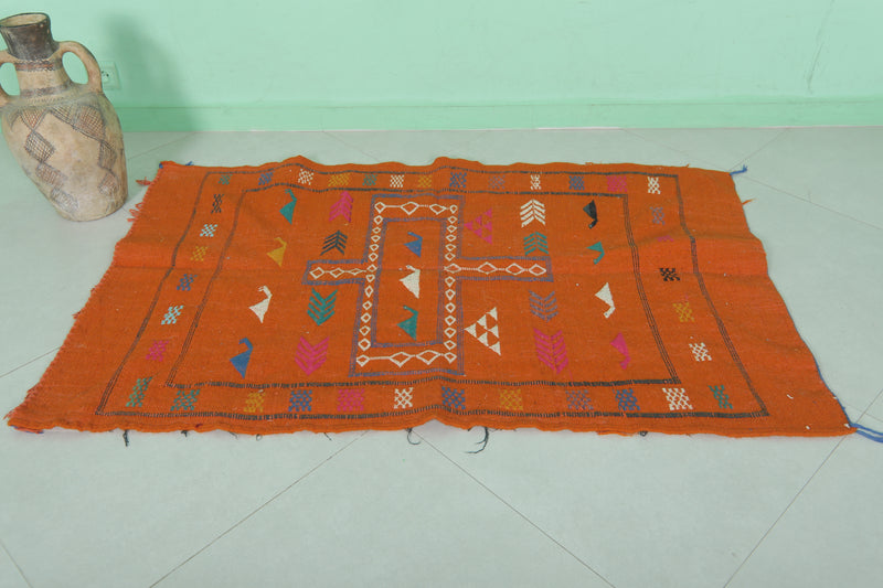 Orange Moroccan Kilim Rug - 3 FT × 4.8 FT | Handwoven Artisan Rug - Handwoven Kilim