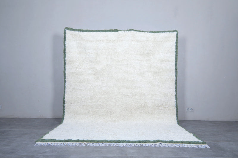 Handwoven Wool Rug in White with Green Frame Border