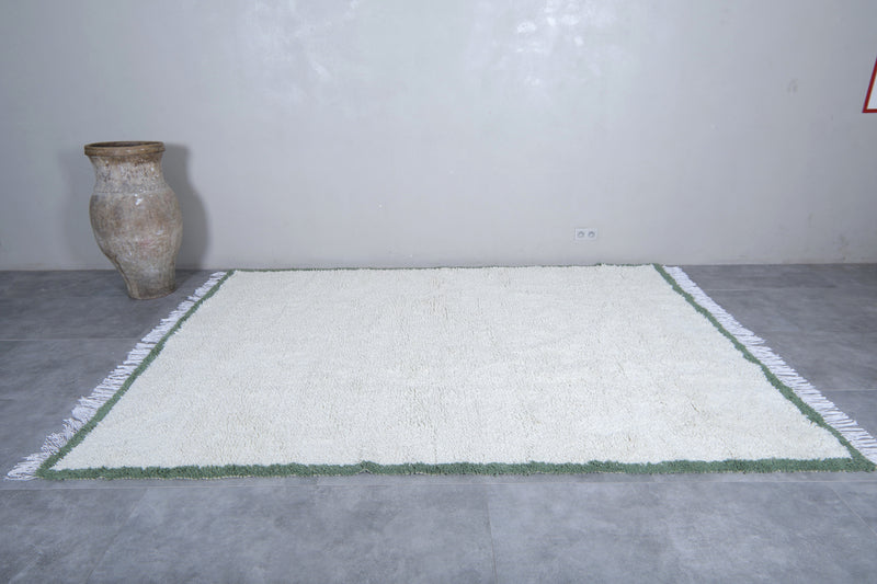 Handwoven Wool Rug in White with Green Frame Border