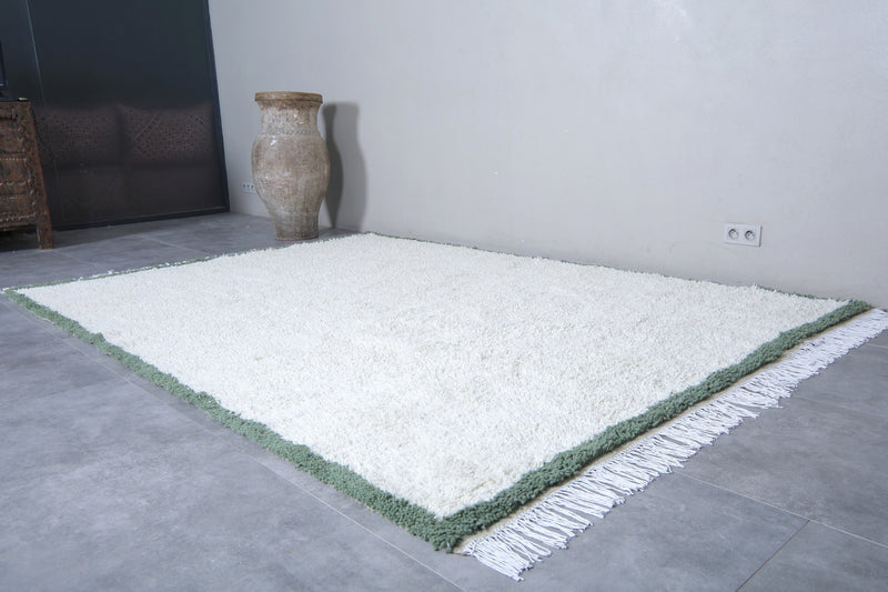 Handwoven Wool Rug in White with Green Frame Border