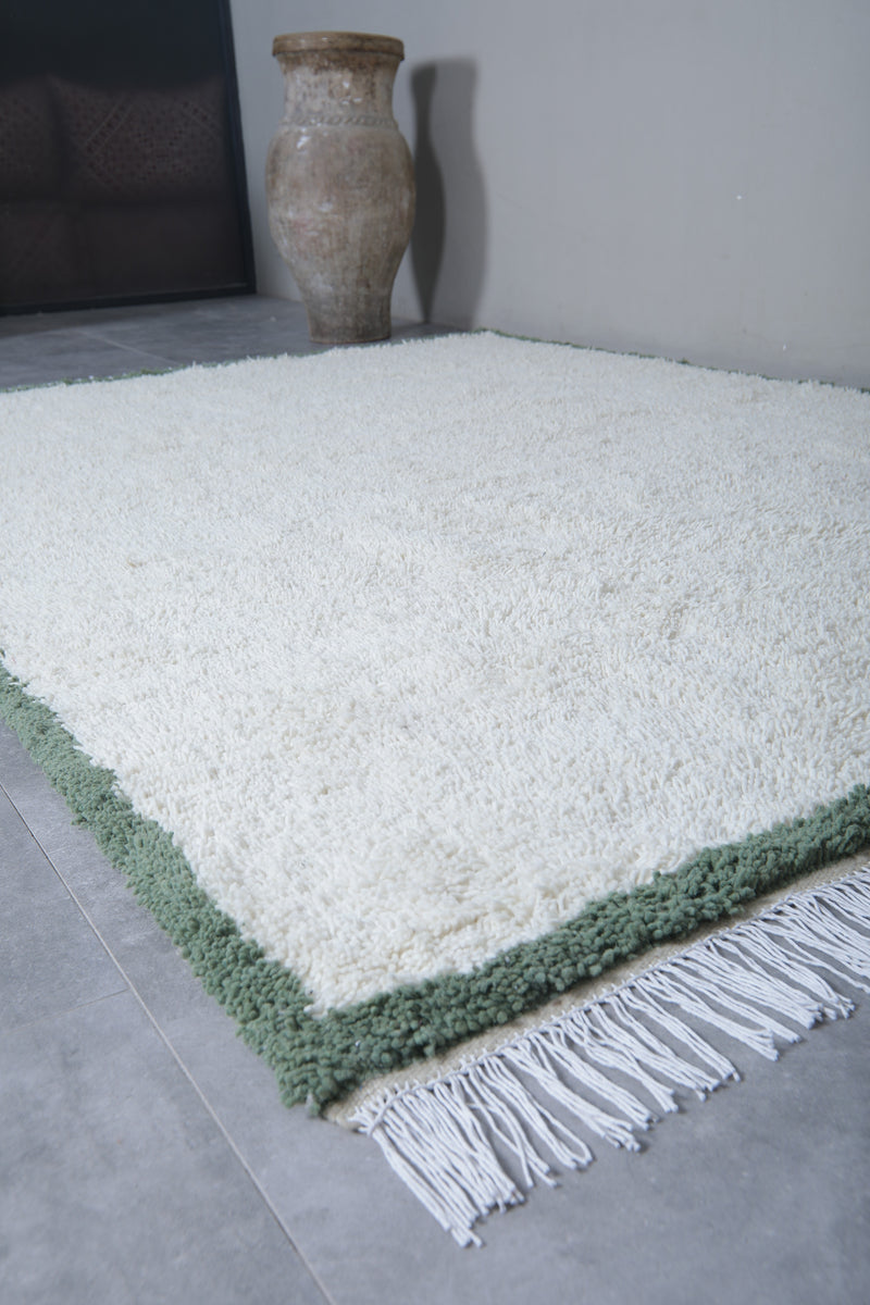 Handwoven Wool Rug in White with Green Frame Border