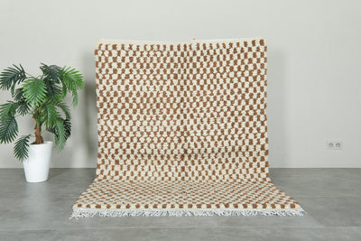 Beige & brown Moroccan checkered rug - 4.6 ft x 6.2 ft - Beni ourain wool rug - Beni ourain rugs