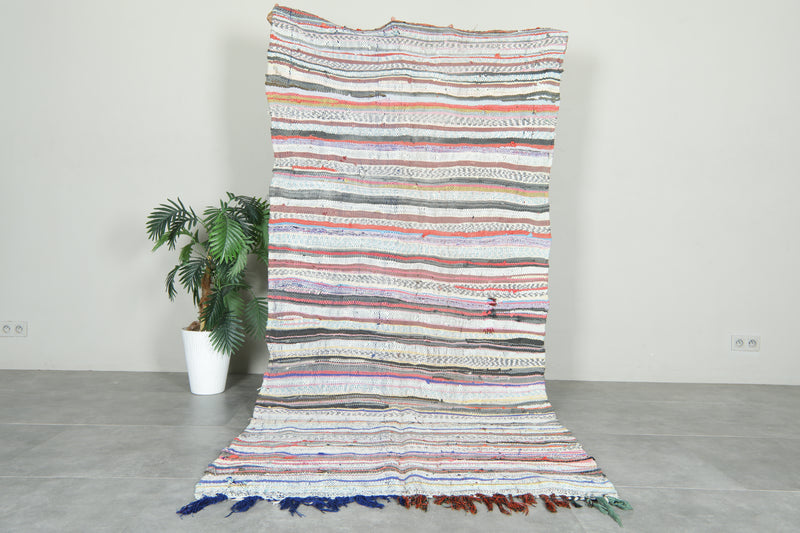 Flat woven Moroccan rug - Multicolor striped wool carpet - 4.3 ft x 9 ft