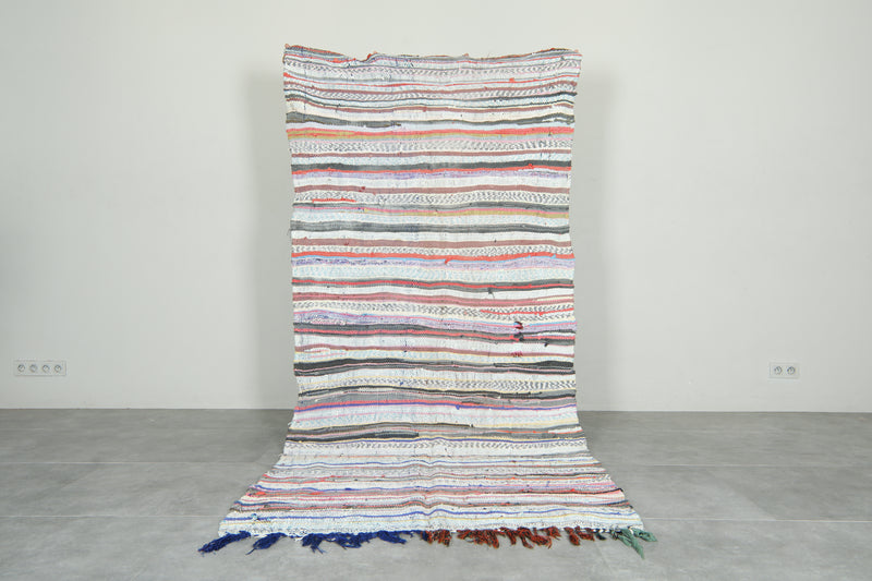 Flat woven Moroccan rug - Multicolor striped wool carpet - 4.3 ft x 9 ft