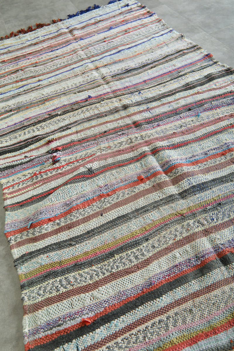 Flat woven Moroccan rug - Multicolor striped wool carpet - 4.3 ft x 9 ft