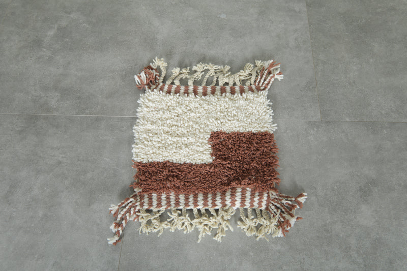 Handmade Moroccan rug – Cream & brown mini color block accent - 1.4 FT X 1.4 FT