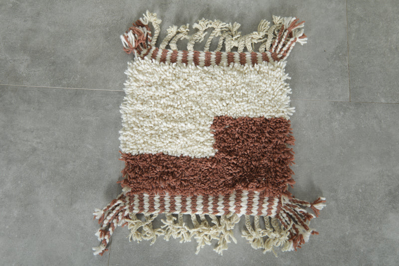 Handmade Moroccan rug – Cream & brown mini color block accent - 1.4 FT X 1.4 FT