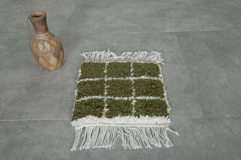 Small olive green and white checkered Moroccan rug - 1.1 FT X 1.2 FT