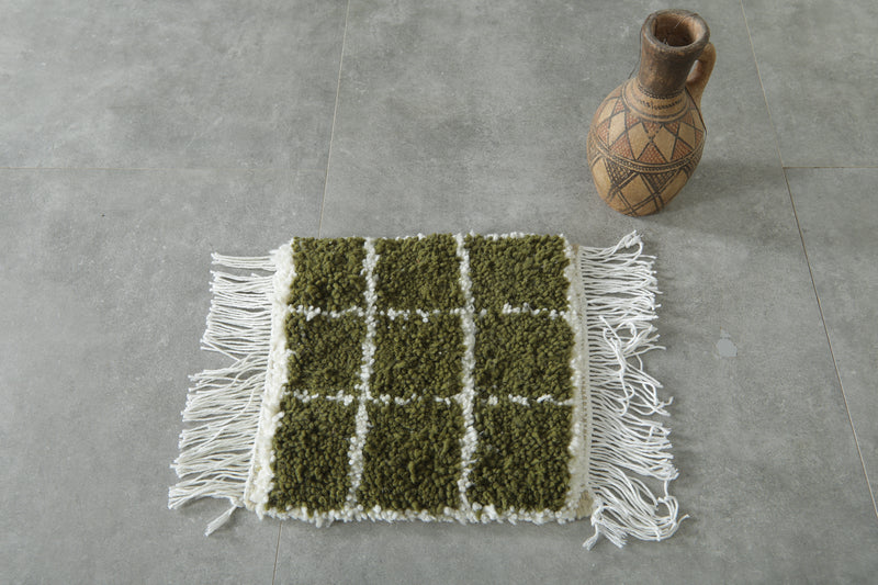 Small olive green and white checkered Moroccan rug - 1.1 FT X 1.2 FT