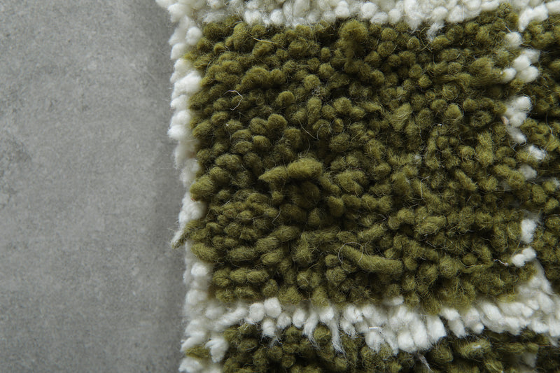 Small olive green and white checkered Moroccan rug - 1.1 FT X 1.2 FT