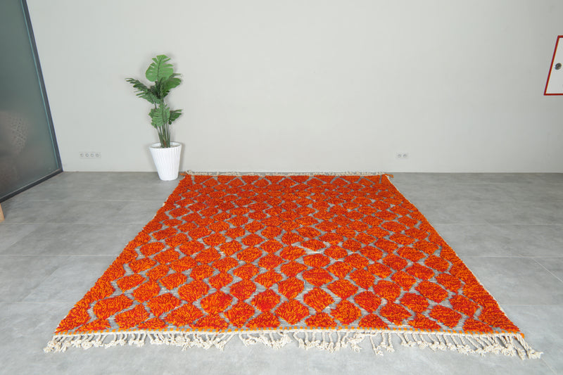 Moroccan Berber orange and white diamond-patterned rug - 8.6 ft x 9.5 ft