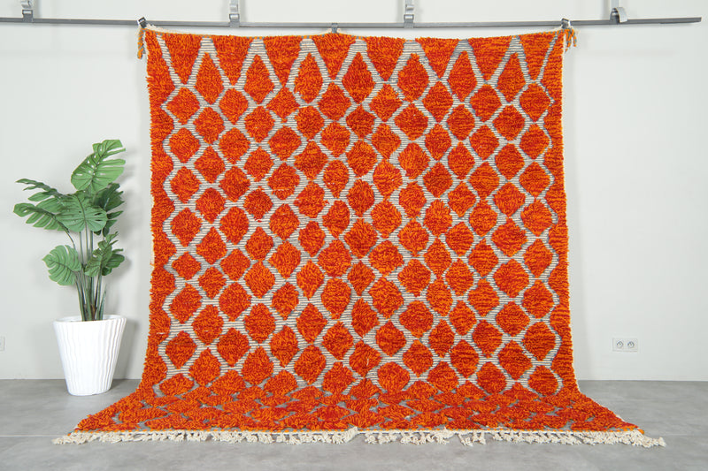 Moroccan Berber orange and white diamond-patterned rug - 8.6 ft x 9.5 ft
