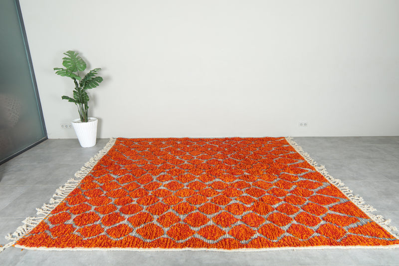 Moroccan Berber orange and white diamond-patterned rug - 8.6 ft x 9.5 ft