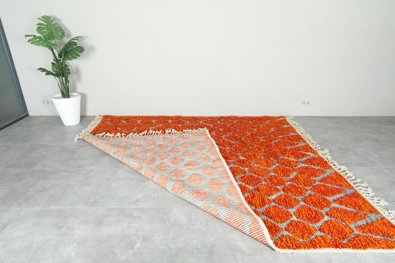 Moroccan Berber orange and white diamond-patterned rug - 8.6 ft x 9.5 ft