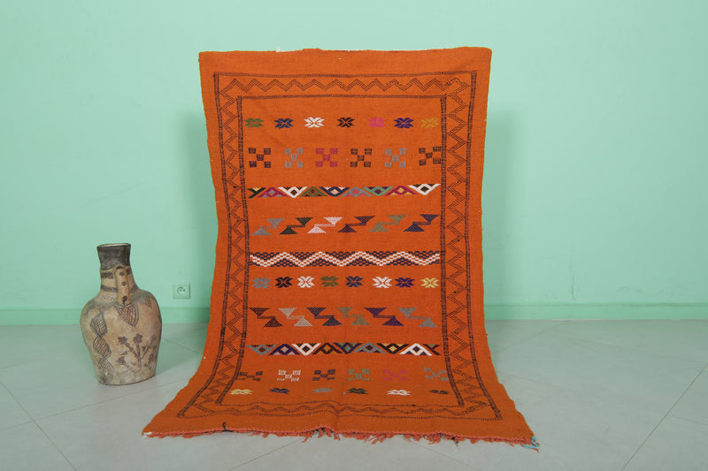 Handwoven Orange Moroccan Rug 3.2 x 5.1 ft | Geometric Berber Design - moroccan rug