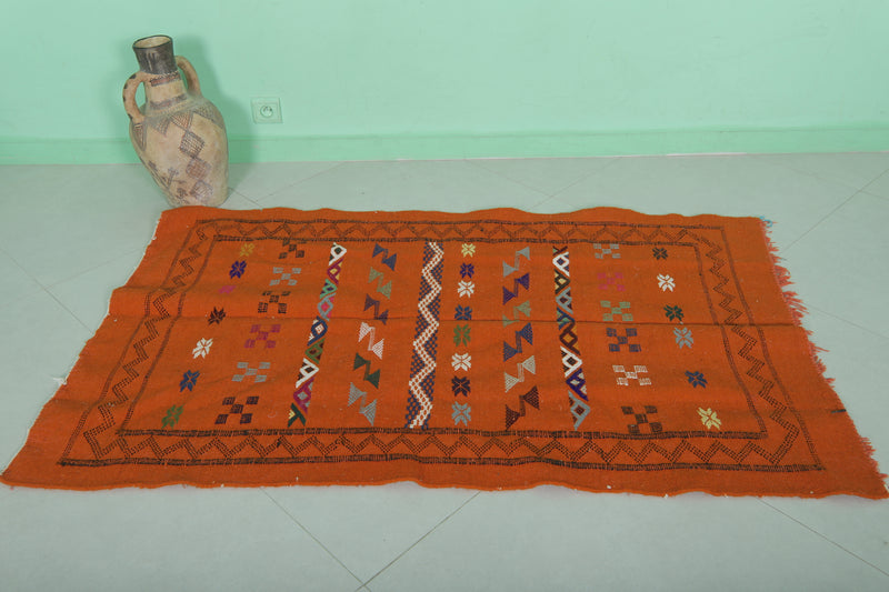 Handwoven Orange Moroccan Rug 3.2 x 5.1 ft | Geometric Berber Design - moroccan rug