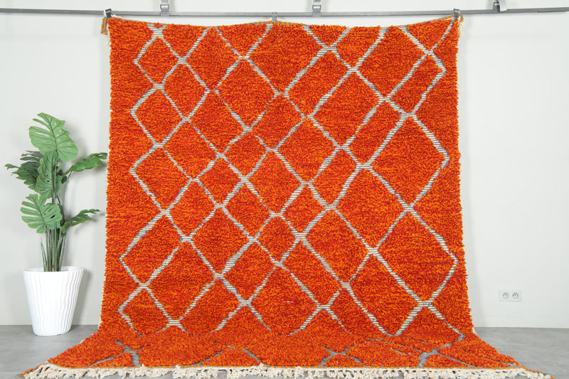 Moroccan Berber orange and white diamond-patterned rug - 8.3 ft x 10.1 ft