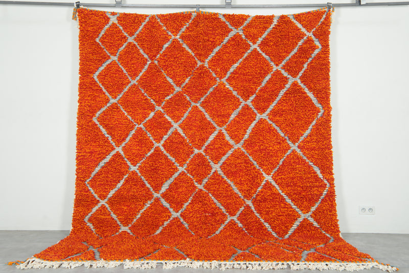 Moroccan Berber orange and white diamond-patterned rug - 8.3 ft x 10.1 ft