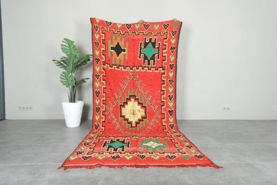 Red Moroccan rug with multicolor geometric design - 4.7 ft x 9.9 ft - Boucherouite Rugs