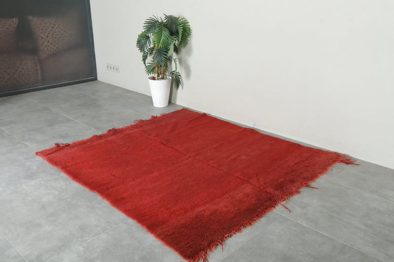 Minimalist red Moroccan rug - 5.3 ft x 5.7 ft - Handwoven wool carpet