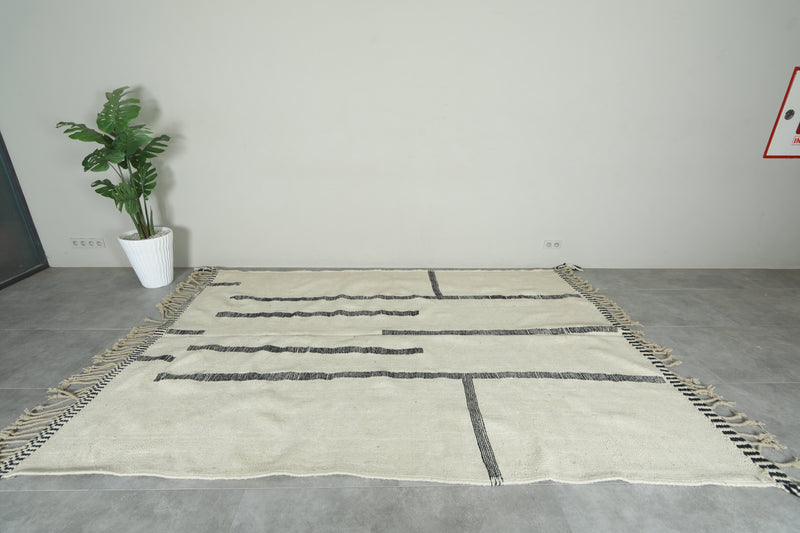 Minimalist Moroccan flatwoven rug - White with black linear motif - 7.2 ft x 10.3 ft - Flat woven rugs