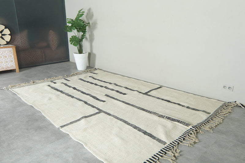 Minimalist Moroccan flatwoven rug - White with black linear motif - 7.2 ft x 10.3 ft - Flat woven rugs