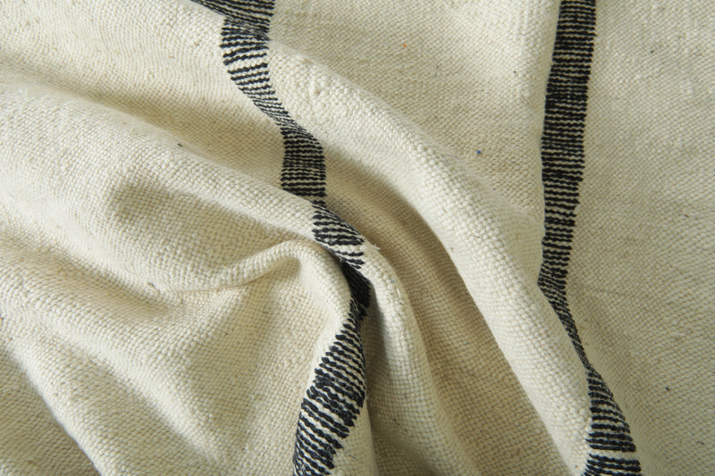 Minimalist Moroccan flatwoven rug - White with black linear motif - 7.2 ft x 10.3 ft - Flat woven rugs