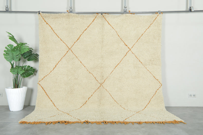 Handmade Moroccan rug - White & orange beni ourain with tassels - 8.1 ft x 8.9 f