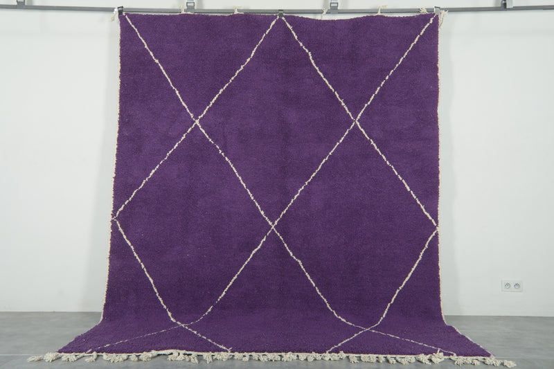 Handwoven Moroccan beni ourain rug - Deep purple wool with white diamond lattice - 8.1 ft x 10.2 ft