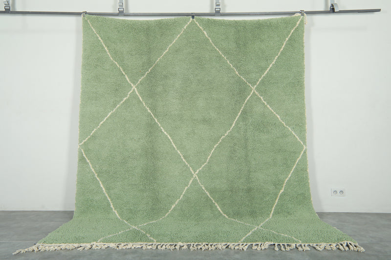 Green handwoven Moroccan beni ourain rug with white diamond lattice - 8.3 ft x 10 ft