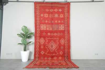 Red vintage moroccan rug with geometric 5.5 ft x 12.3 ft - Handmade - moroccan rug