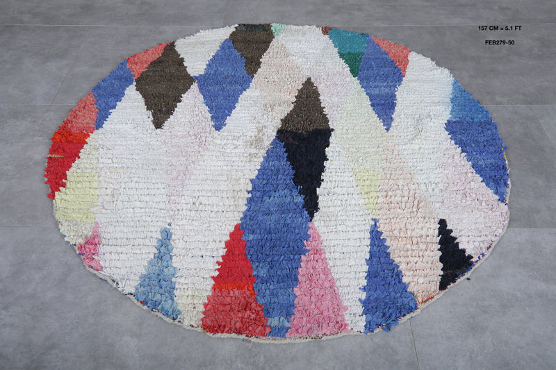 Round Moroccan Wool Rug 5.1 Feet – Vibrant Multicolor Geometric Design - Boucherouite Rugs