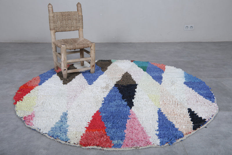 Round Moroccan Wool Rug 5.1 Feet – Vibrant Multicolor Geometric Design - Boucherouite Rugs