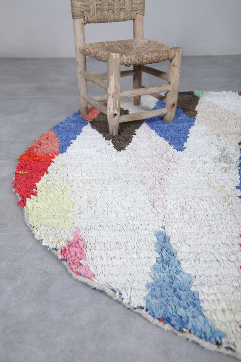Round Moroccan Wool Rug 5.1 Feet – Vibrant Multicolor Geometric Design - Boucherouite Rugs