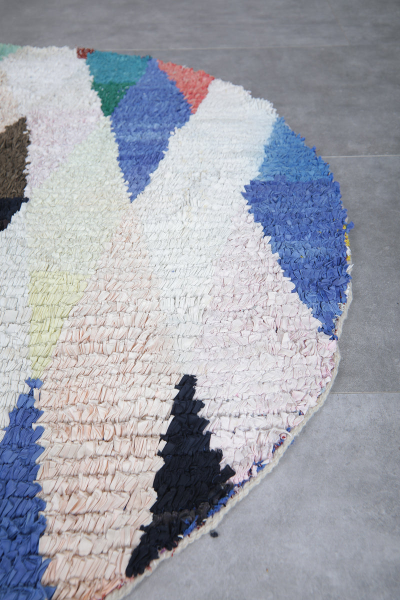 Round Moroccan Wool Rug 5.1 Feet – Vibrant Multicolor Geometric Design - Boucherouite Rugs
