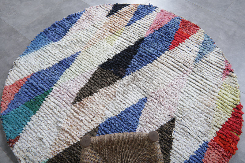 Round Moroccan Wool Rug 5.1 Feet – Vibrant Multicolor Geometric Design - Boucherouite Rugs