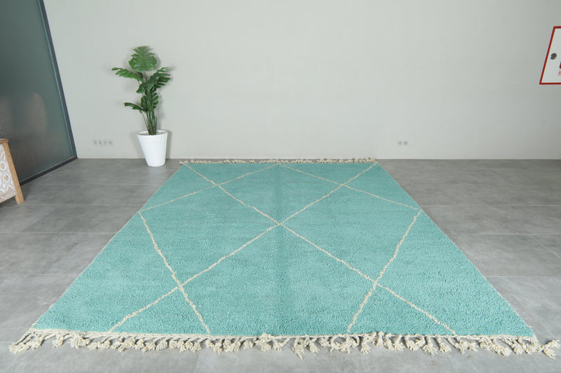 Blue Moroccan beni ourain rug with white geometric lines - 8.7 ft x 10.4 ft