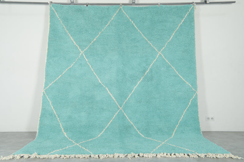 Blue Moroccan beni ourain rug with white geometric lines - 8.7 ft x 10.4 ft